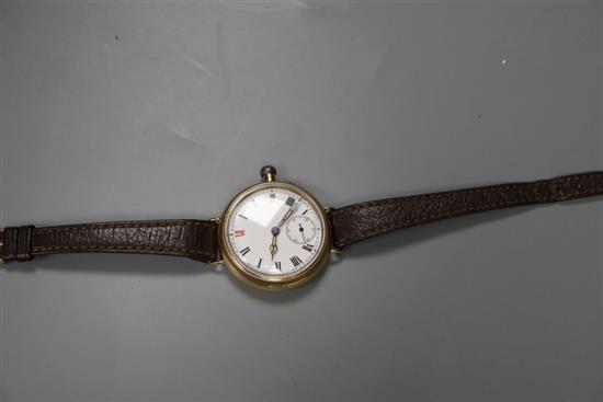 A gentlemans early 20th century 18ct gold Borgel case manual wind wrist watch, on a leather strap, gross 38.9 grams.